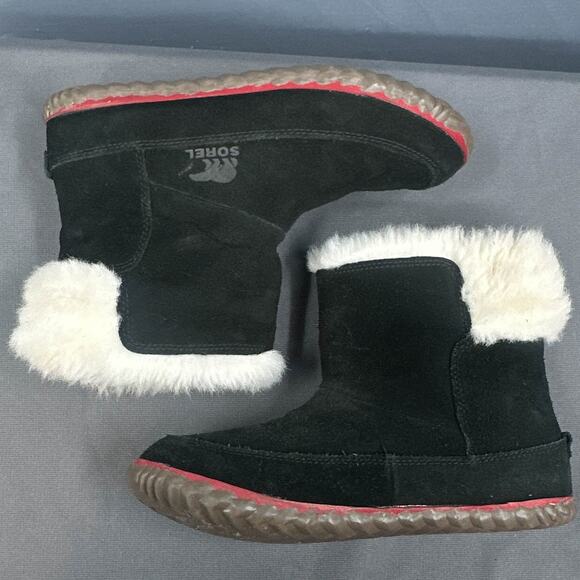 Sorel Out N About Bootie 7 Black Sherpa Faux Fur Outdoorsy Leather Suede Winter - Picture 11 of 14